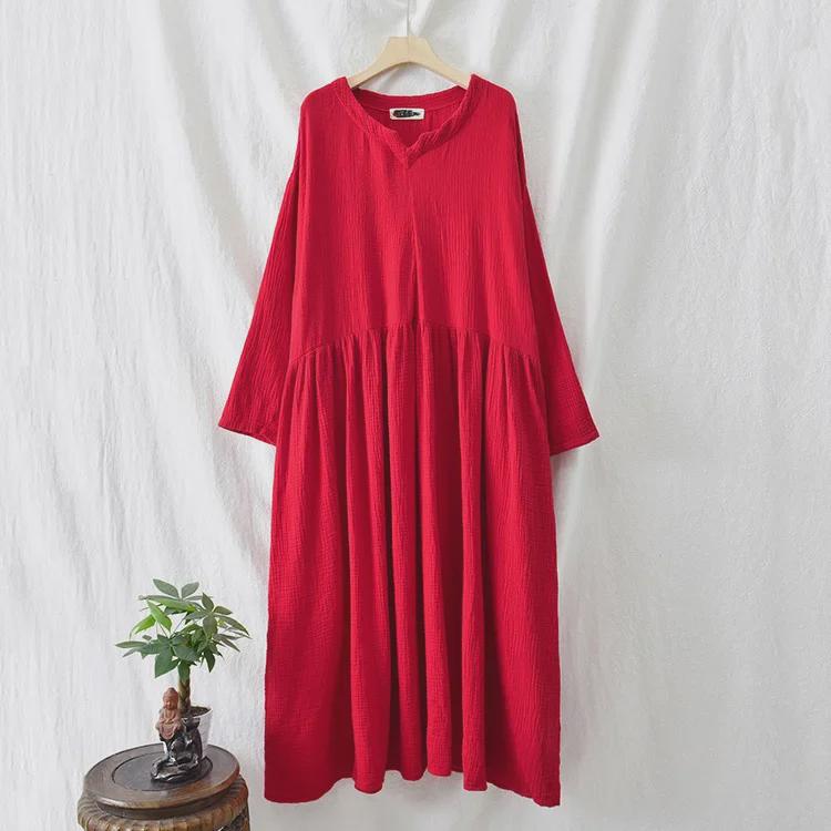 V-Neck Linen Double-Layer Swing Dress - Spring/Summer Retro Style