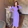 2025 Autumn V-neck Waist-cinching French Socialite Solid Color Long Dress for Women