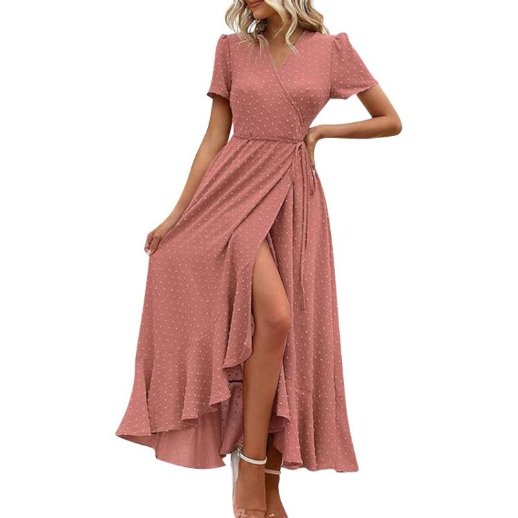 Sexy V Neck Wrap Waist Maxi Dress Women Summer Fashion A-Line Side Slit Long Casual Dress Comfortable Solid Color Short Sleeve
