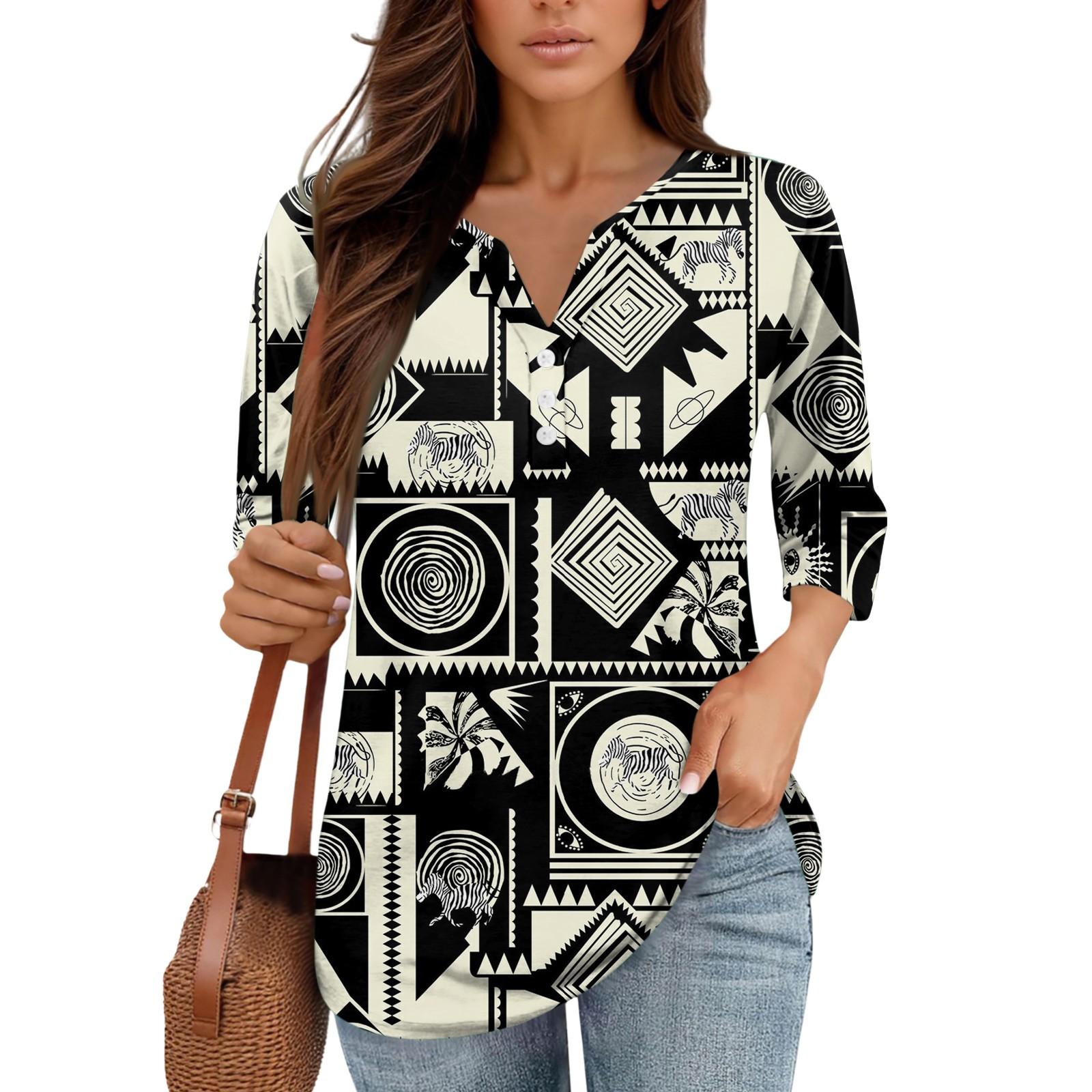 

Женские топы с рукавом 3/4, с принтом, винтажные, модные, повседневные, свободные, с V-образным вырезом, больших размеров, рубашки, топы M чёрный