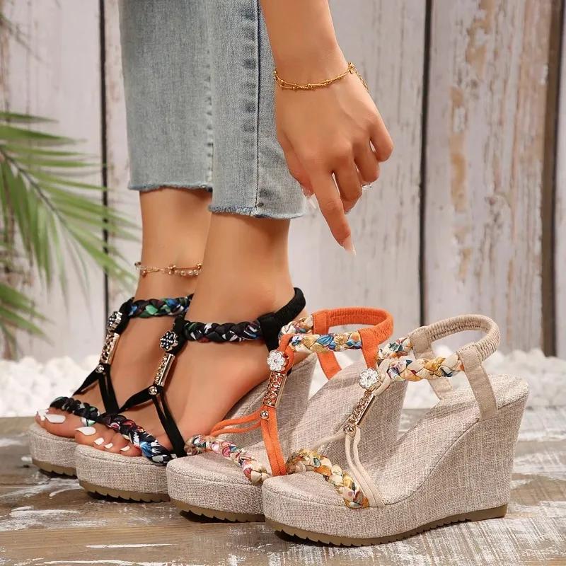 Fashion Sexy Peep Toe Rhinestones Weaving Wedge High Heeld Sandals Womens Boho Shoe Elasticity Back Strap Sandalias Plus Size 43