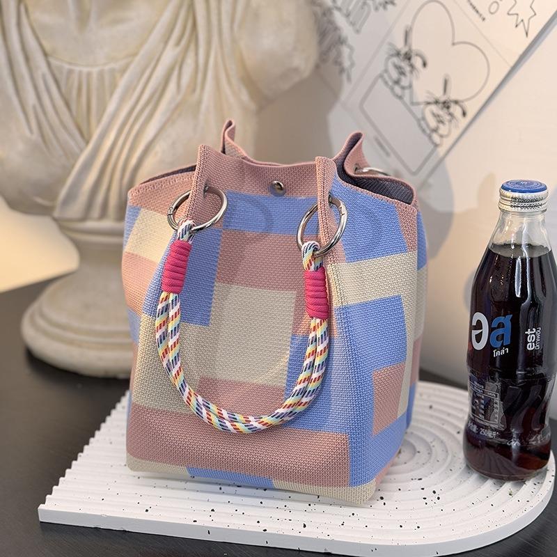 Borsa a Secchiello alla Moda da Donna con Anello Metallico Borsa a Shopper in Maglia Ampia Borsa a Mano Color Block per Tempo Libero Viaggi Pendolarismo Quotidiano