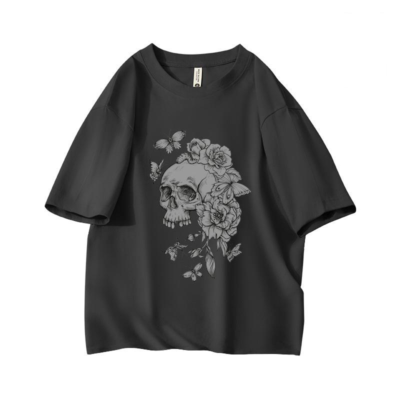 Gothic Floral Skull Aesthetic Oversized Short Sleeve O Neck T Shirt Graphic Print 100 Cotton Vintage Women Tops clothes Summer