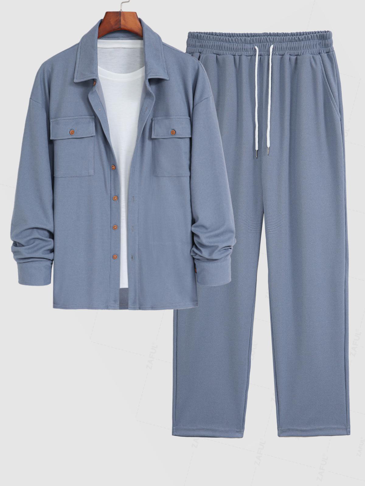 

Men s Waffle Front Pockets Design Long Sleeves Shirt And Drawstring Straight Leg Pants Set XXL синий