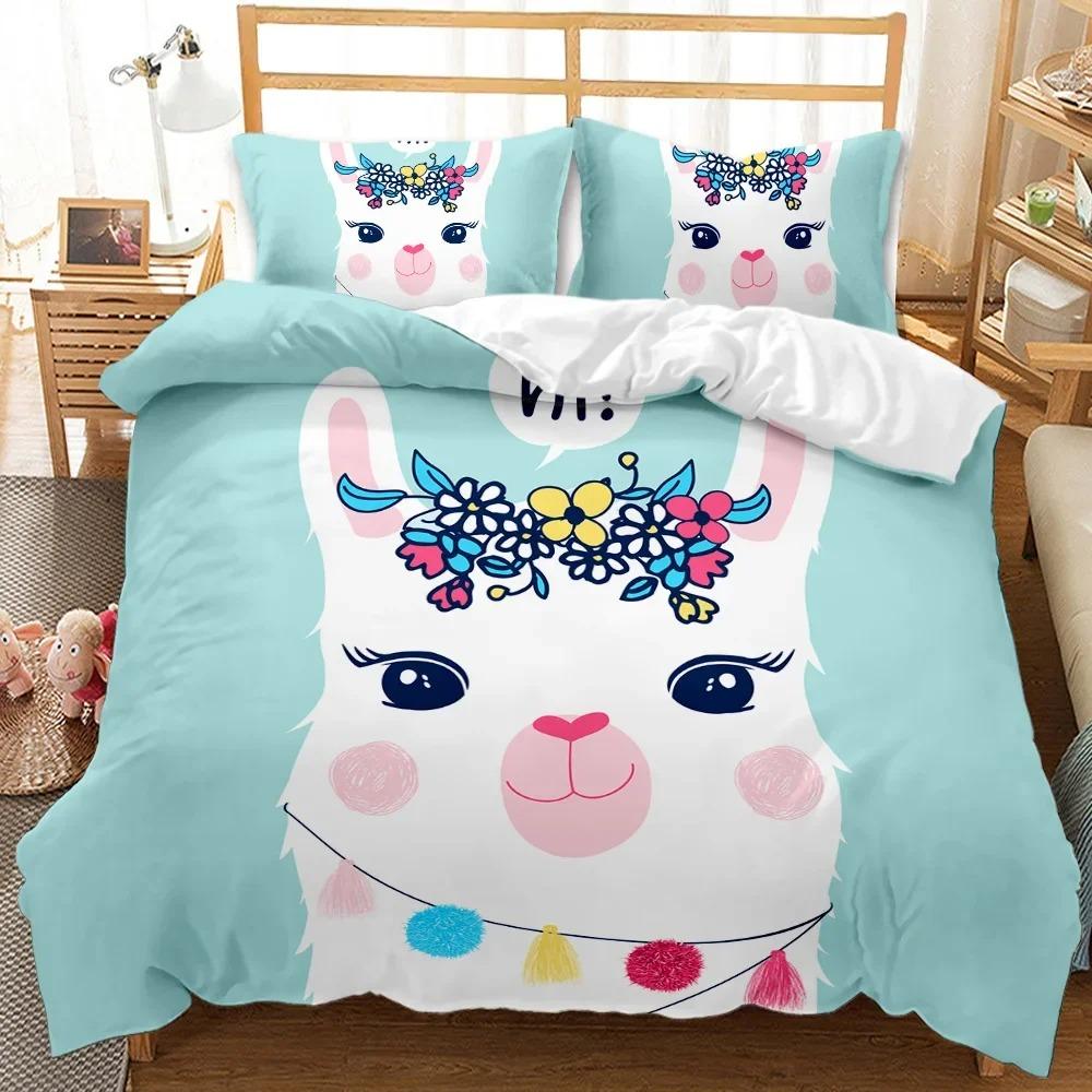 Lama Påslakanset Queen King Full Twin Storlek Söta Alpackor Sängkläder Set 3D Polyester Täcke Djur Täcke