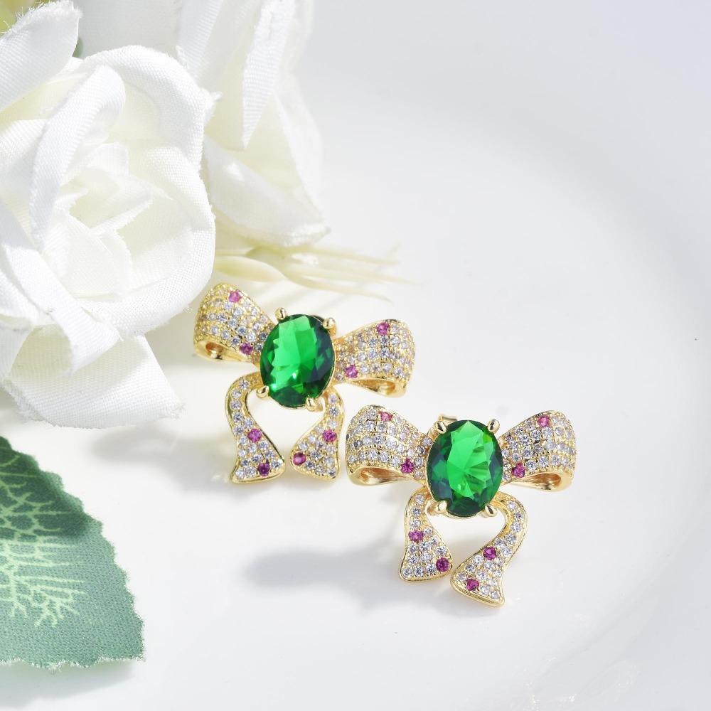 Women Emerald Bow Jewelry Set European Luxury Open Ring Pendant Earrings Necklace with High Carbon Diamonds