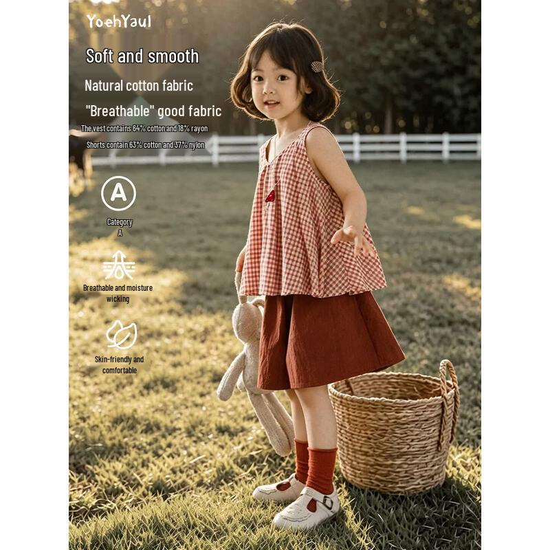 YouYou Girls Summer Red Plaid Top & Wide-Leg Shorts Set 110 cm