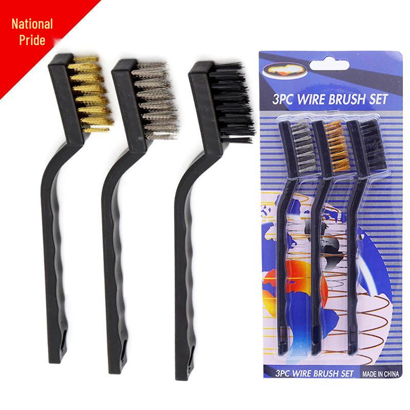 7-inch Industrial Cleaning Brush Set: Stainless Steel, Copper, Nylon Bristles – 3 Mini Brushes for Polishing.