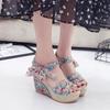 Sandals women's platform wedge heel high heel fish mouth women's sandals muffin and flower ribbon beach shoes summer