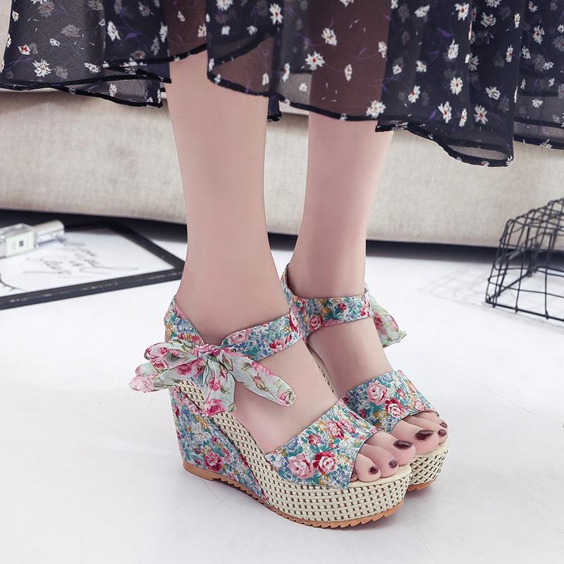 Sandals women's platform wedge heel high heel fish mouth women's sandals muffin and flower ribbon beach shoes summer