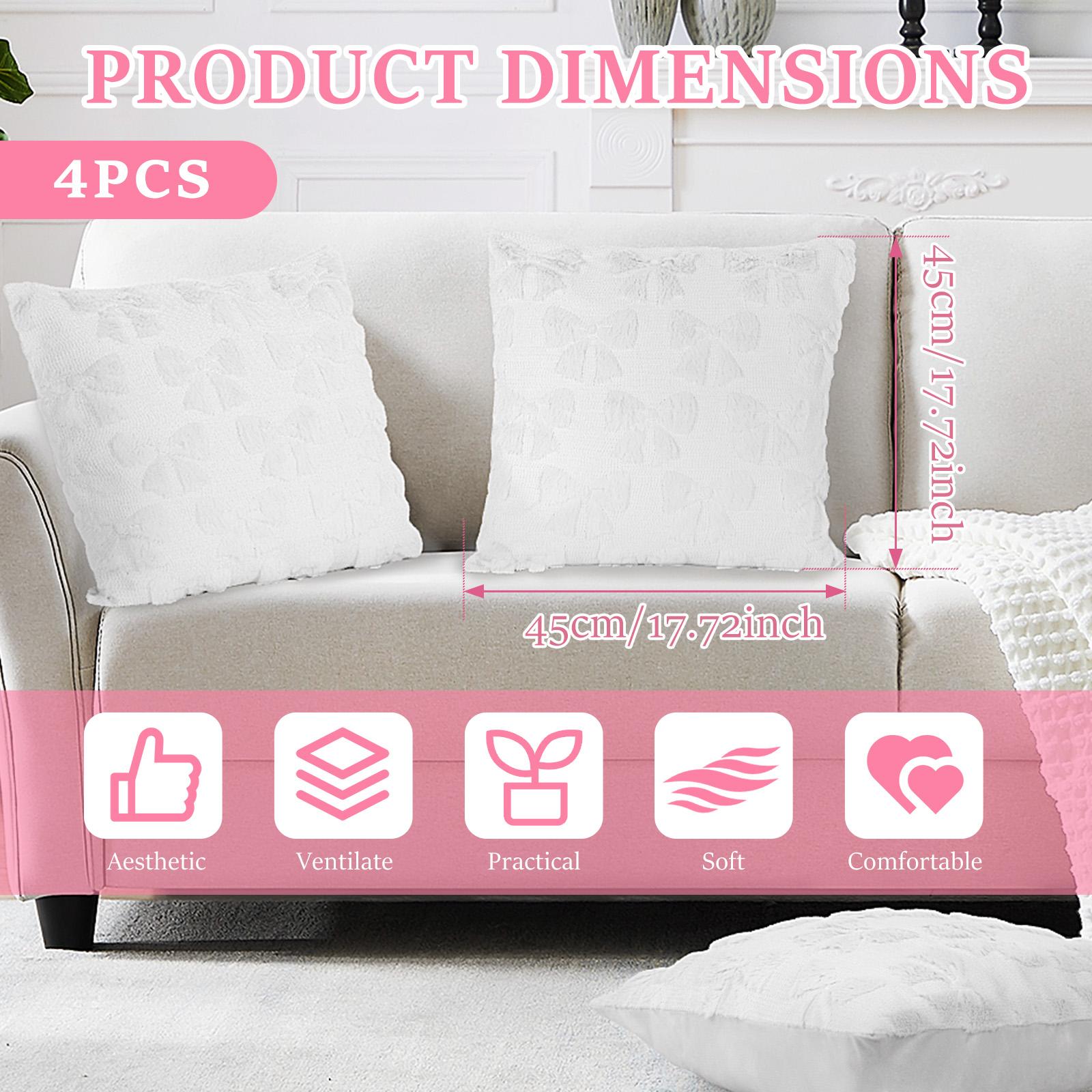 

4Pcs Bow Throw Pillow Cover Plush Bowknot Square Pillow Cover 17.7 inch Sofa Pillowcase Home Decoration Accessories White/Pink