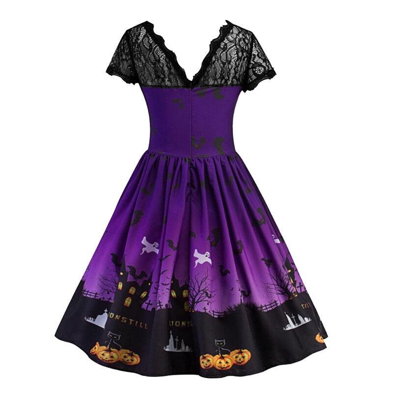Charming Women Short Sleeve Halloween Retro Lace Vintage Dress Featuring A-line Pumpkin Design