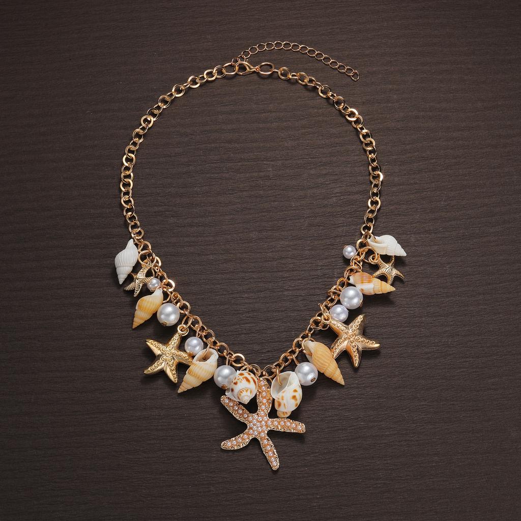 Bohemian Style Conch Shell Starfish Pearl Pendant Tassel Short Women's Necklace Suitable for Vacation