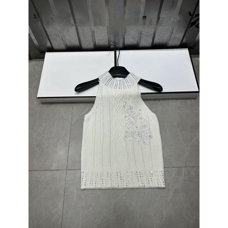 European Spring Embroidered Halter Knit Vest with Rhinestones