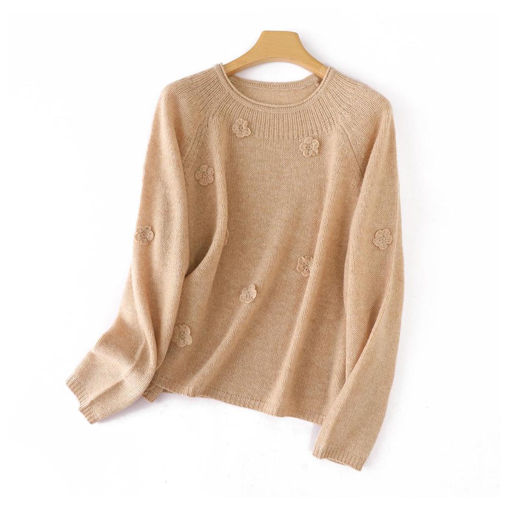 2026 Women's Pure Wool Sweater with 3D Floral Embroidery, Round Neck, Loose Fit, Elegant Knitwear