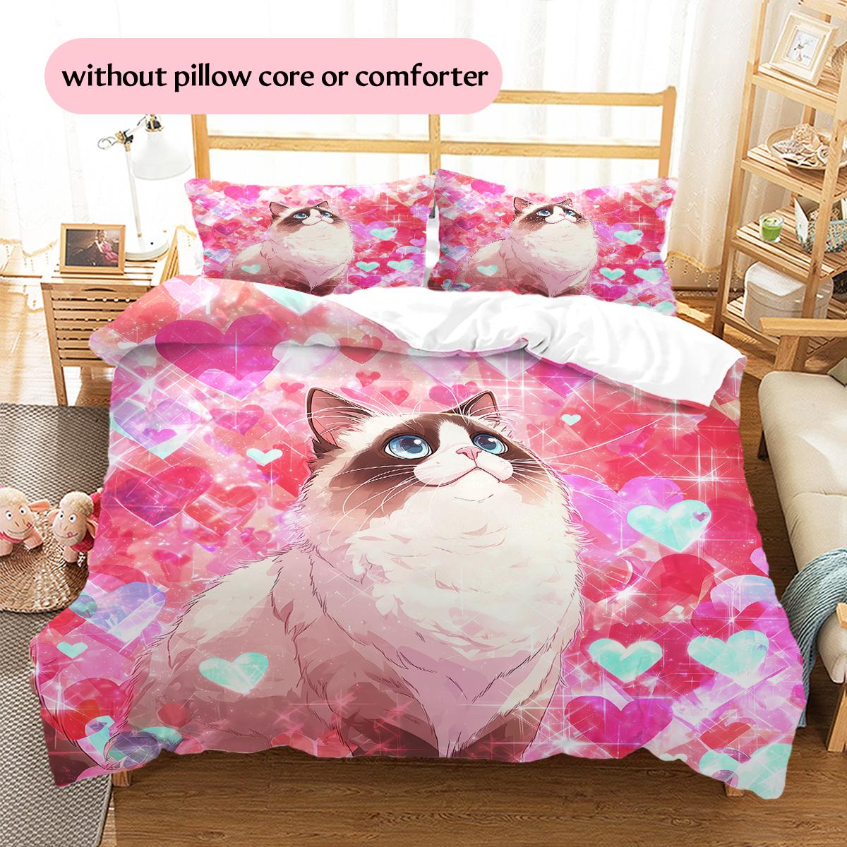 Cartoon Ragdoll Cat Pattern Bedding Home Decoration Birthday Gift (1 * duvet cover + 2 * pillowcase, without core) 135x200cm