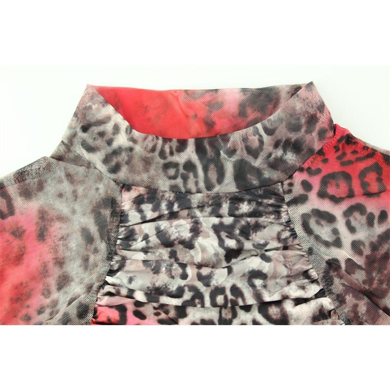 Women's Fashion Print Pleated Sexy Mesh See-through Long Sleeve Slim Dress