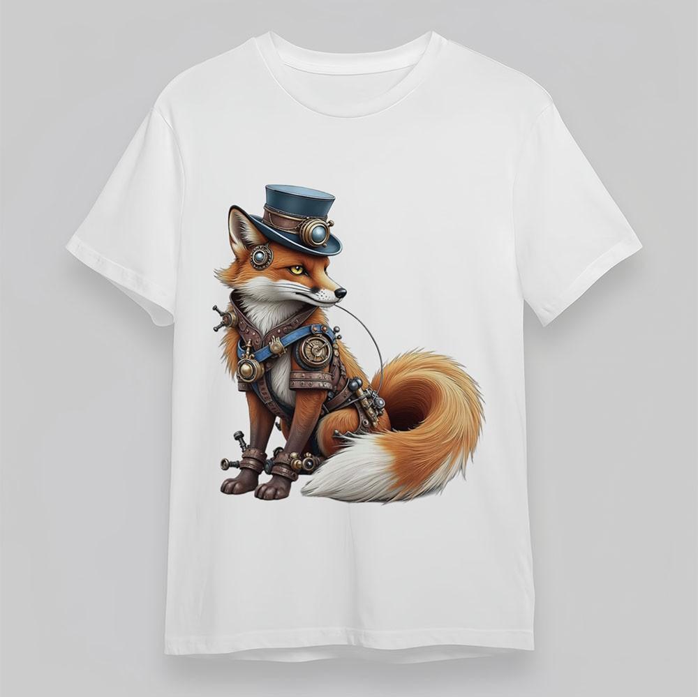 Herren Steampunk Kurzarm T-Shirt Fuchs Blau Zylinder Bronze Maschinerie Weich Übergroß
