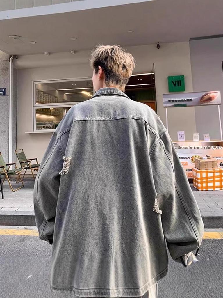 Men's Trendy Ripped Denim Jacket - Handsome American Retro Style for Spring and Autumn