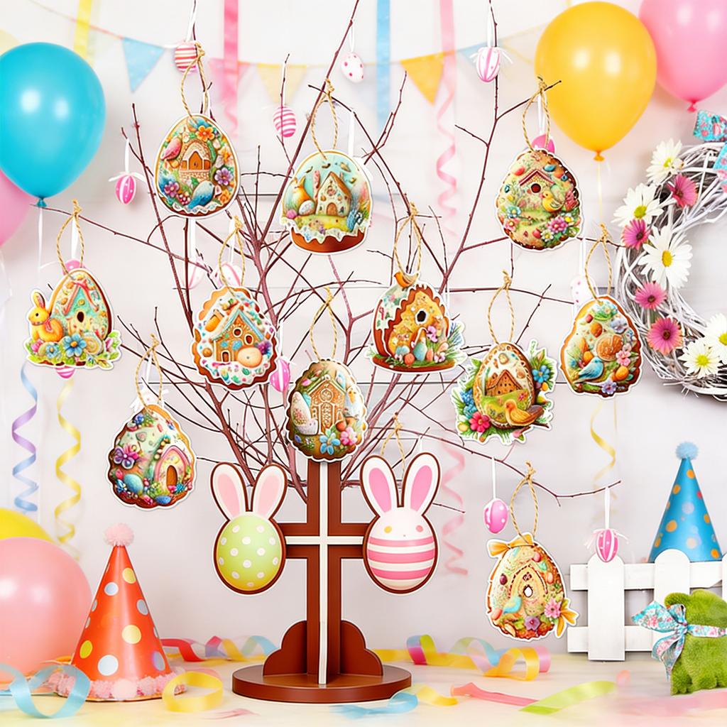 Osterparty-Dekorationen, Hängende Ornamente, Karnavalsdekorationen mit Hasen, Bemalte Eier-Anhänger