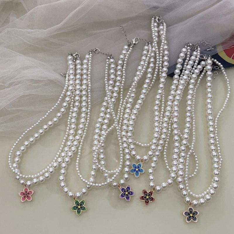 Y2K Style Double Layered-Pearl Clavicle Chain Flower Pendant Choker Necklace Fashion Jewelry Gift Dainty Beaded Necklace