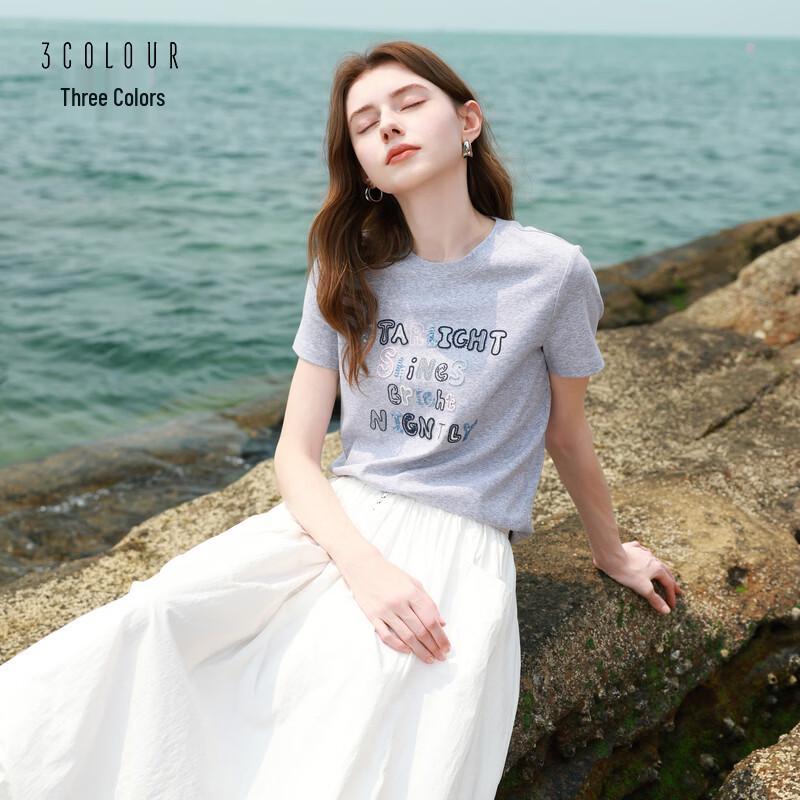 Letter Embroidered Round Neck Short Sleeve T-Shirt S