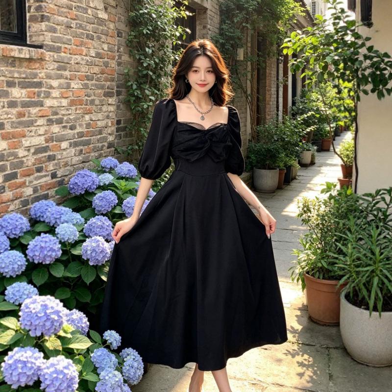 Large size new summer fat sister bow gentle wind dress French long dress covering belly and showing thin skirt