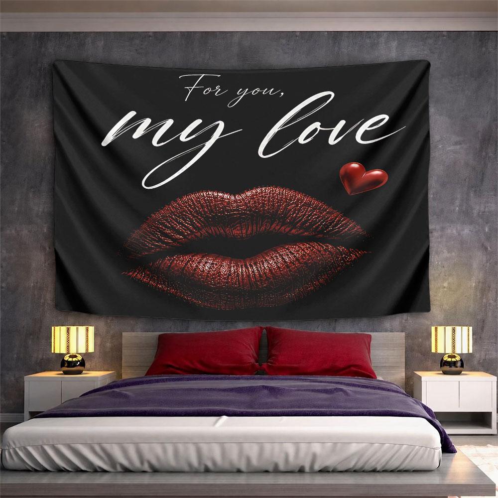 For You My Love Lips Heart Tapestry Wall Hanging Romantic Red Love Decor for Bedroom Living Room Anniversary Gift