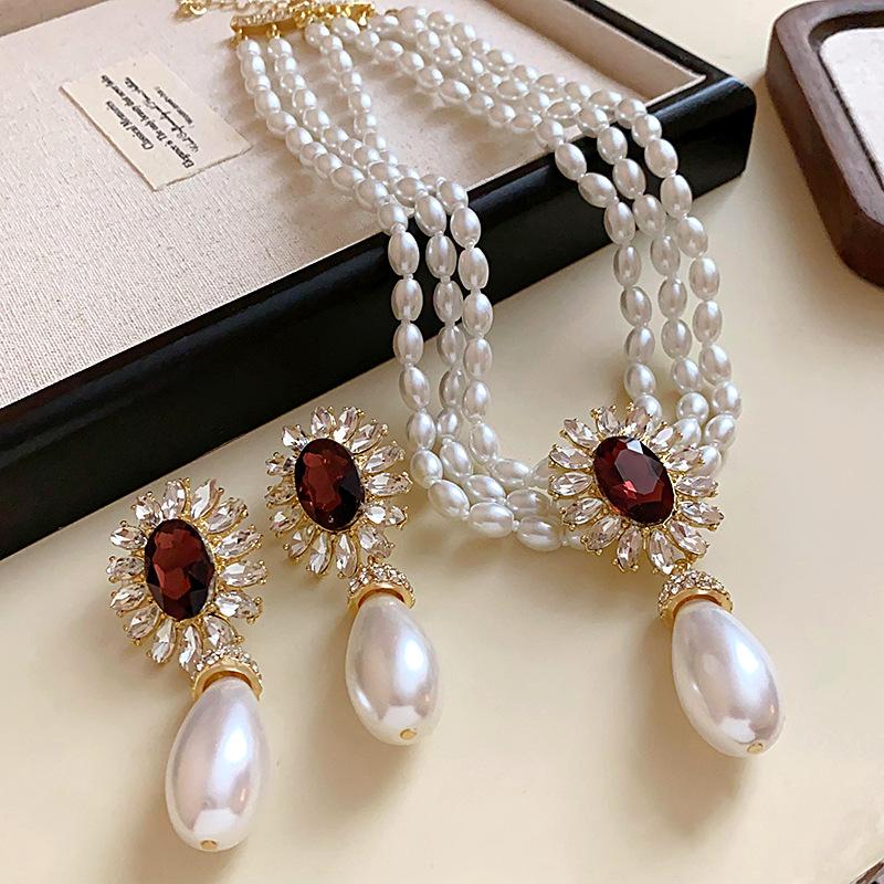Flower Rhinestone Drop Simulation Pearl Necklace Earring Set French Style Chain Jewelry Sets for Women
