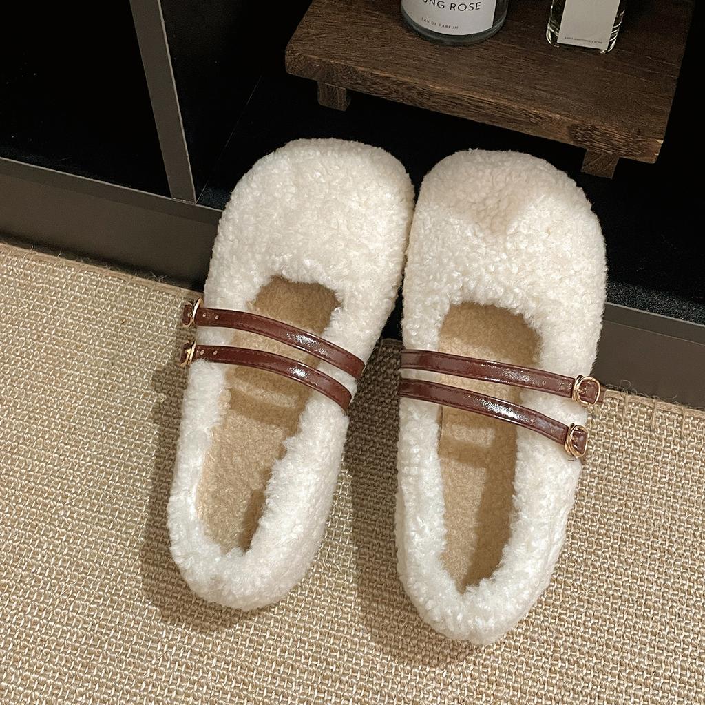 Fashion Autumn Winter Women Fur Flats Shoes Concise Comfort Street Style Soft Sole Female Dress Short Plush Mary Jane Shoes