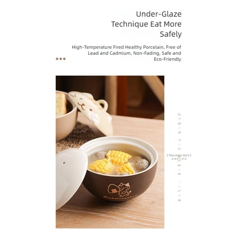 Japanese Creative Ceramic Soup Bowl with Cartoon Cats Cover Designs 550ML Capacity Microwave Dishwasher Safe Tableware