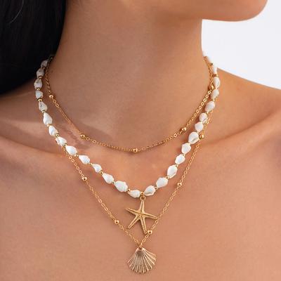 Colar da Moda Multicamadas com Pingente de Concha para Mulheres Estilo Férias Feito à Mão Corrente para Clavícula