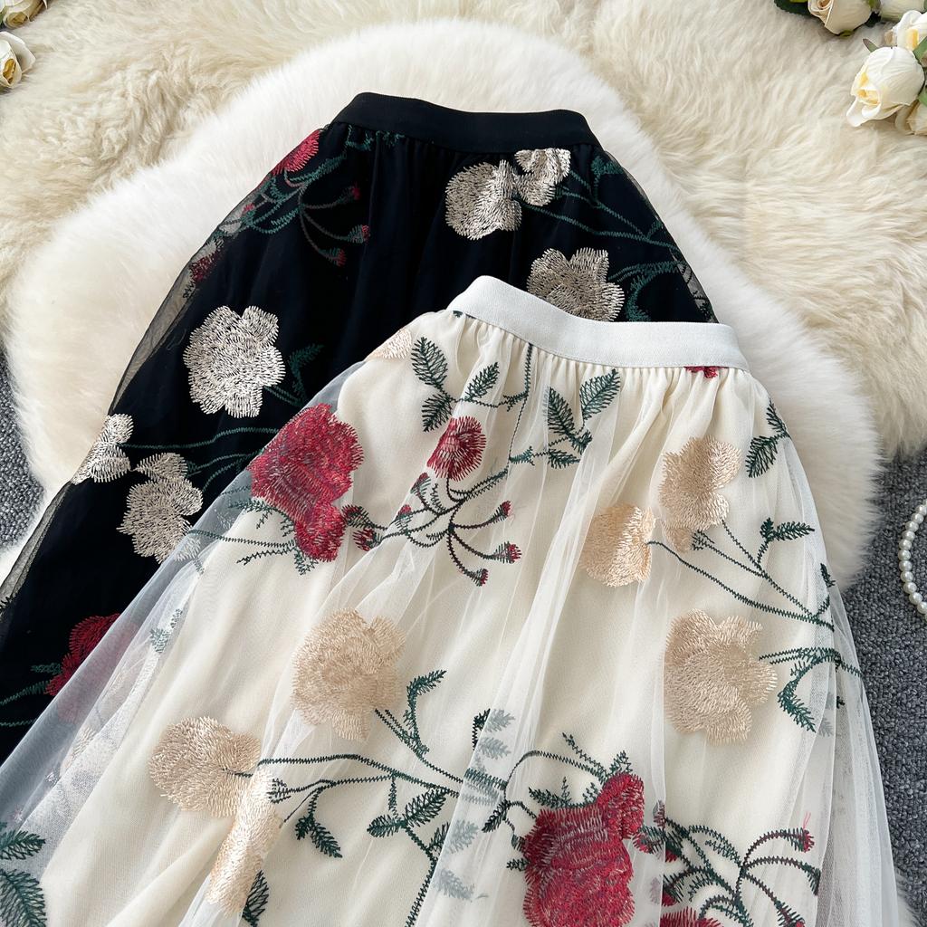 Summer Women Elegant Mesh Embroidery Flower Long Midi Tulle Skirt