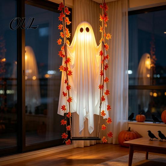 Innen Außen Urlaubsdekoration Halloween Hängende Schaukel Geist, Leuchtender Schwingender Geist mit Ahornblatt Einfache Installation Rankenlichter Und Fernbedienung