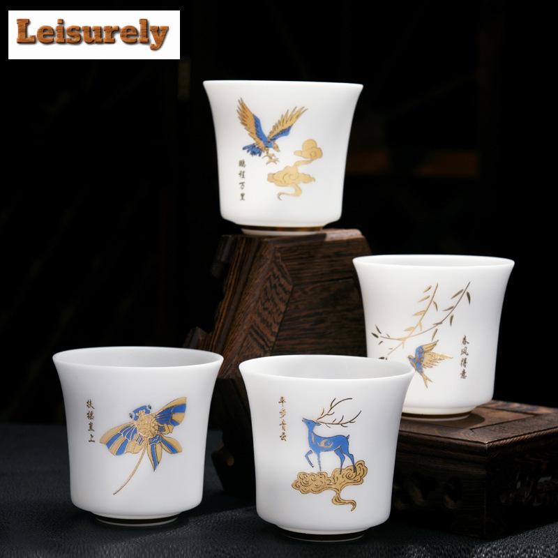 120ml Iced Sheep Fat Jade Porcelain Tea Cup Gold Pattern Master Cup Meditation Cup Puer Tea Bowl Portable Kung Fu Teaware Gifts