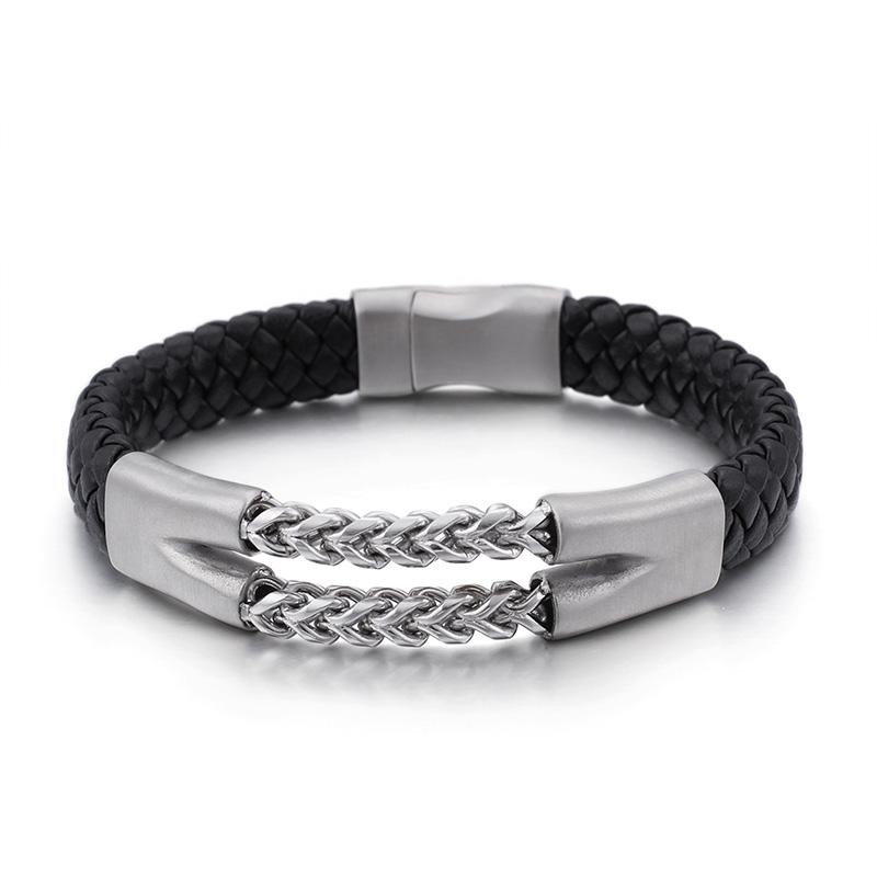 KALEN 220mm Long Stainless Steel Braided Leather Double Link Charm Men Bracelet 22 CM&TRENDY