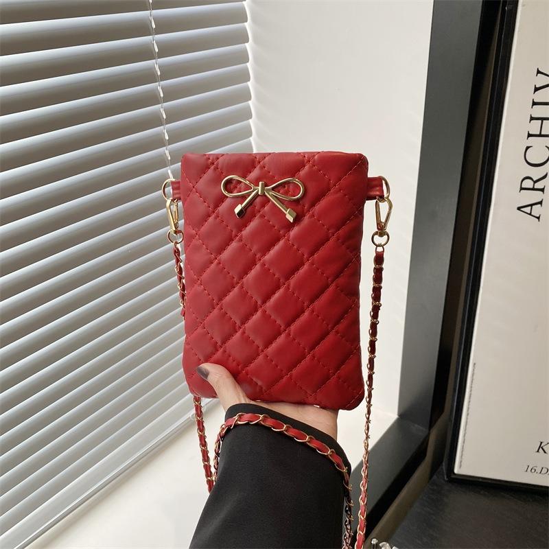 Rhombus Embroidery Thread Small Square Bag New Mini Girl Chain Messenger Bag Metal Bow Trendy Bag