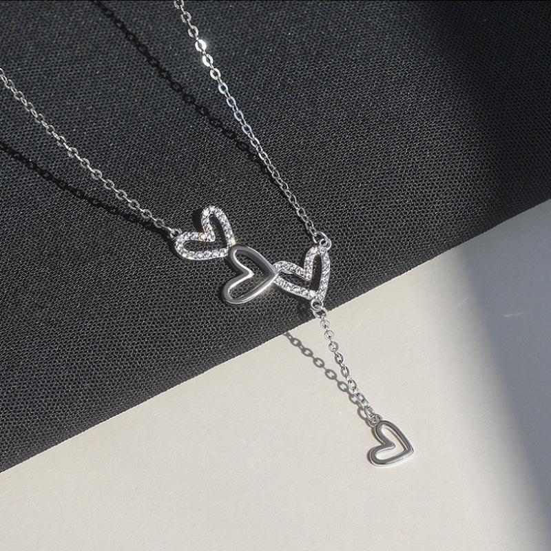 Elegant Three Heart Pendant Necklace with Tassel Delicate Layering Chain Minimalist Design Gift for Her