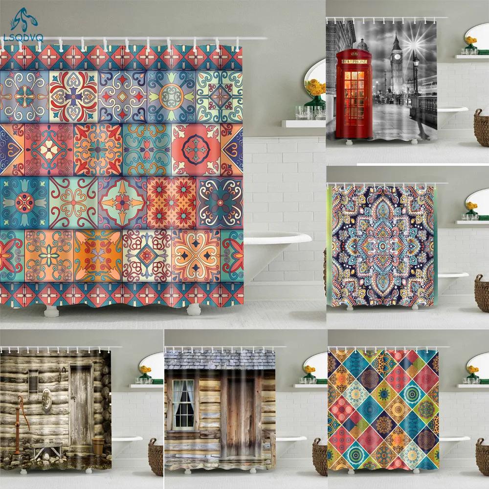 Holzhaus-Tür im Vintage-Stil Mandala Geometrisch Duschvorhang Badezimmervorhang Wasserdicht Polyester mit Haken