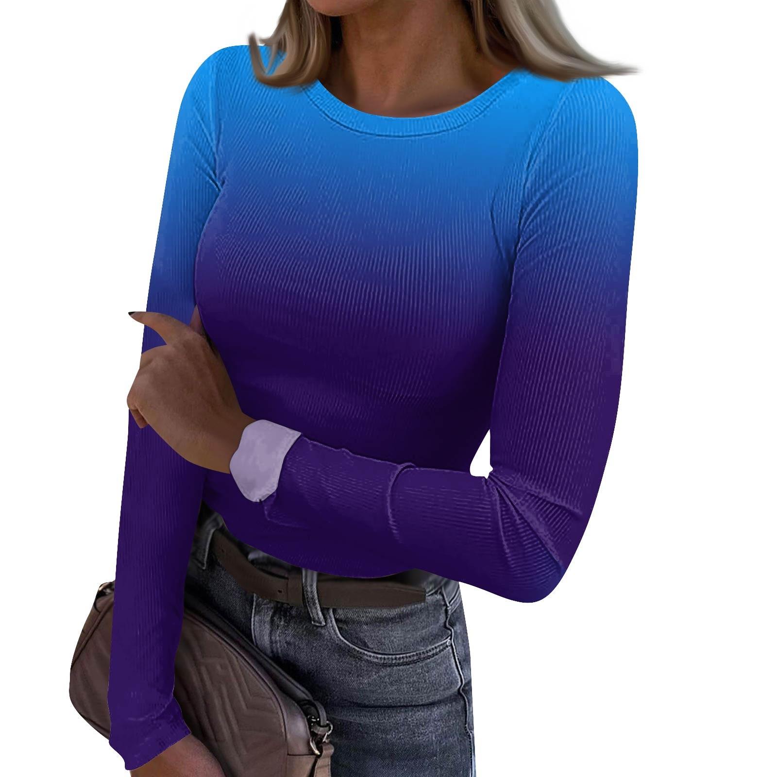 

Женская и зимняя футболка с тонким низом, модная повседневная футболка с градиентным принтом и круглым вырезом, пуловер с длинным рукавом L