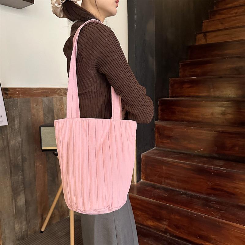 4 Bags Women's Shoulder Striped Pleats Solid Color Bucket Bag Niche Simple Portable Portable Shopping Bag Women