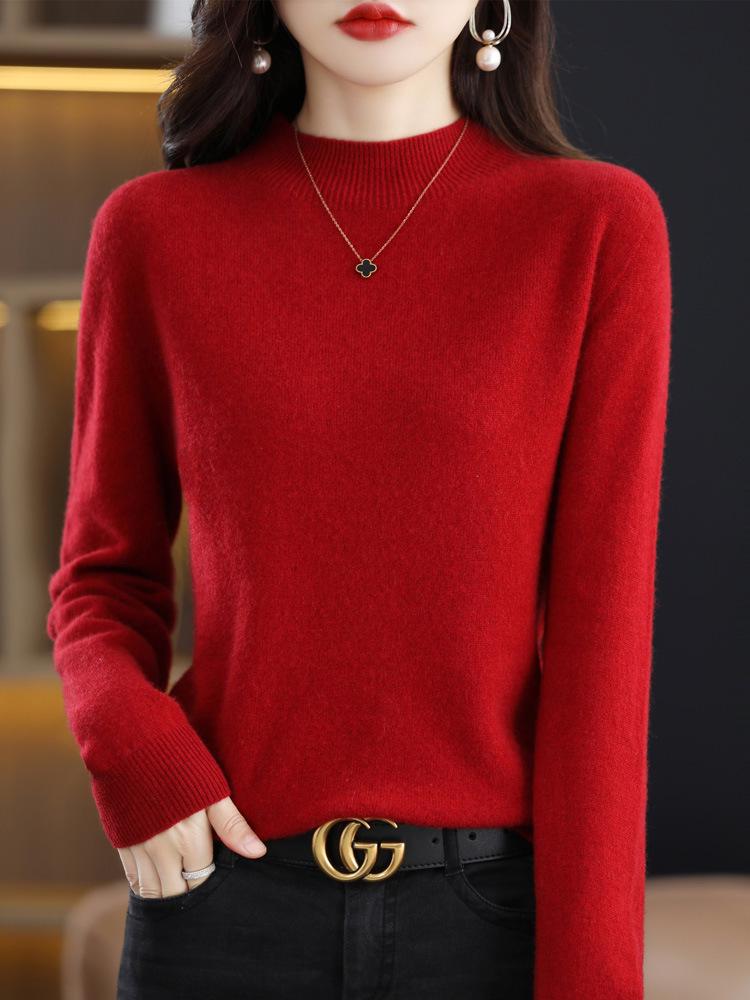 Damen 100% Wolle Kaschmir Locker Gestrickter Pullover - Halber Rollkragen, Nahtlos, Herbst/Winter Stil S (up to 100 cm) claret