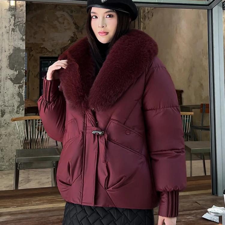 Streetwear Big-Fur-collar Down Cotton-padded Jacket Women's Winter Short Parkas Thicken Warm Coats Lady Fashion Outerwear
