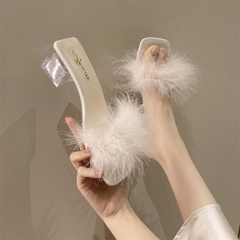 Chinelos da moda femininos verão novo dedo do pé aberto pelúcia pele de raposa grosso com chinelos sexy casa banquete dedo do pé quadrado bombas simples