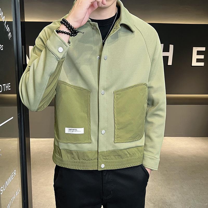 Men's Korean-Style Contrast Stitching Twill Jacket - Trendy 2023 Spring/Autumn Green Fashion.