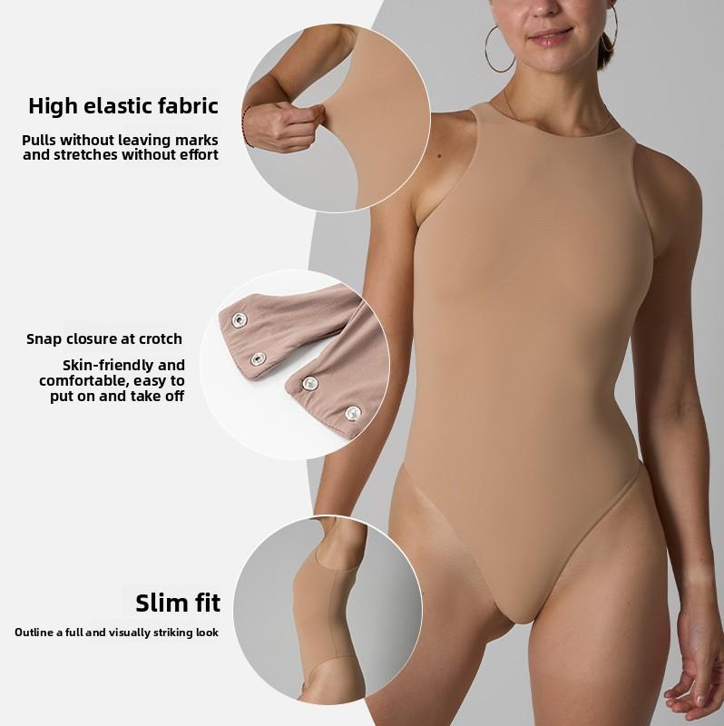 High-neck double-layer sheer-effect bodysuit Breathable, high-stretch yoga sleeveless bodysuit