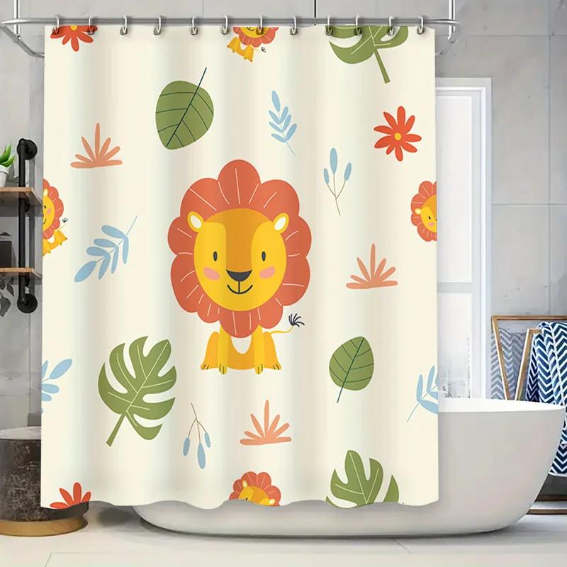 

Adorable Lion Shower Curtain With Leaves And Flowers White Background Bathroom Decor For Kids Room W60H190(CM)-1 Pcs