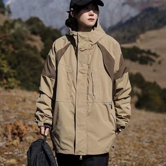 Women's Outdoor Hooded Windbreaker Jacket - Casual Loose Fit, Autumn/Winter Japanese Streetwear, Color Block Design