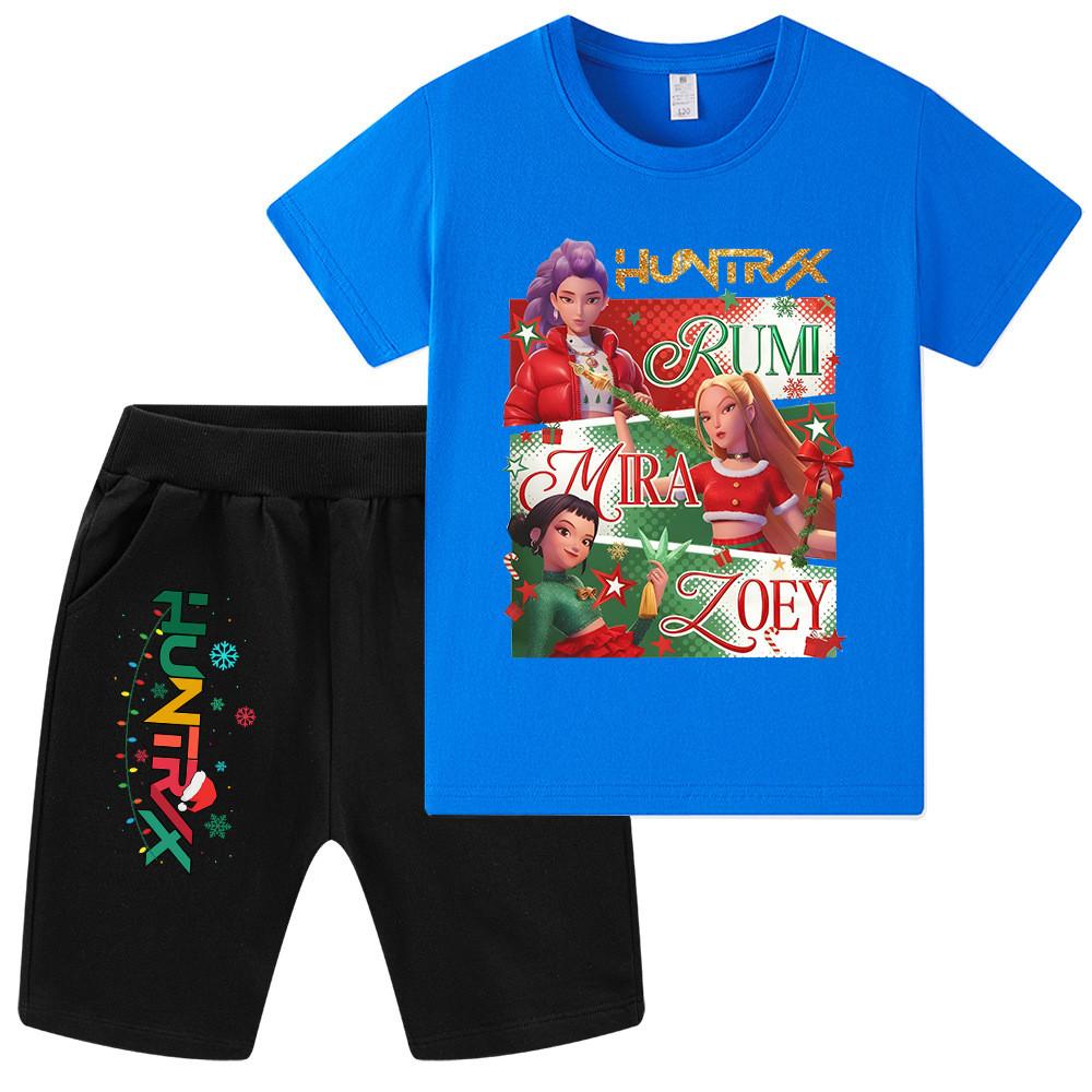 WA1264 Kids Boys Girls Kpop Rumi Zoey Mira Christmas Print Short Sleeves T-shirt Shorts Pants Sets