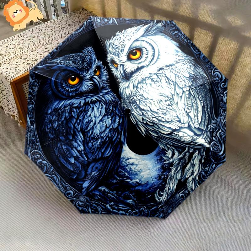 Two Owls pattern, automatic folding umbrella, portable and foldable design, 8 ribs, a Christmas or birthday gift.